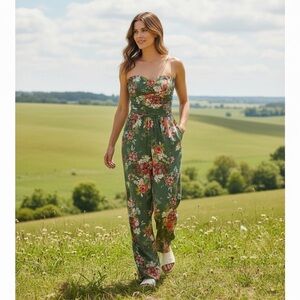 Band of Gypsies Strapless Jumpsuit Boho Wide Leg Floral Sage Blush Size Small